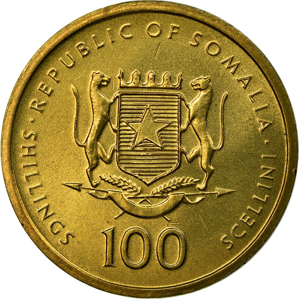 Coin, Somalia, 100 Shillings, 2002, AU(55-58), Brass, KM:112