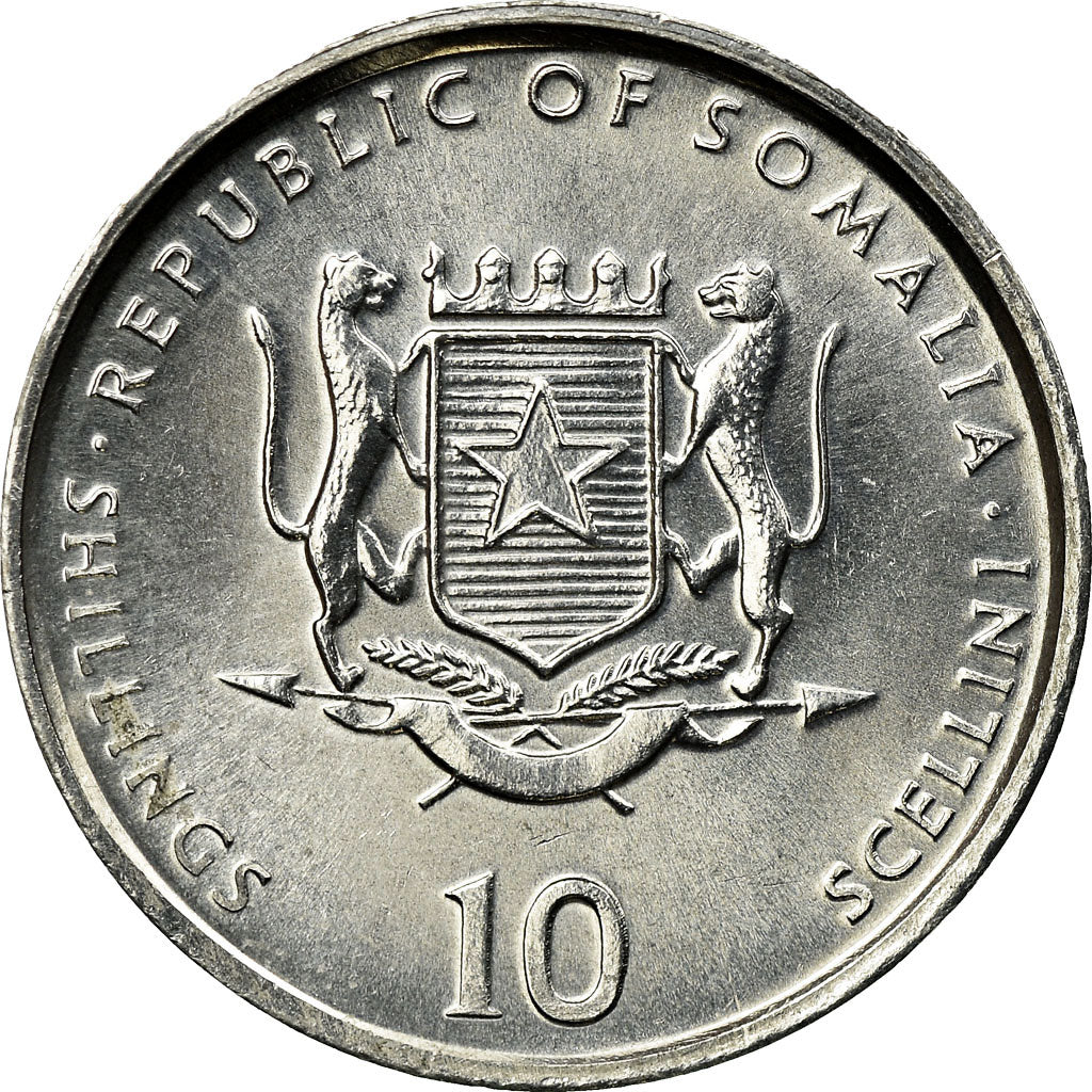 Coin, Somalia, 10 Shillings / Scellini, 2002, AU(55-58), Aluminum, KM:46