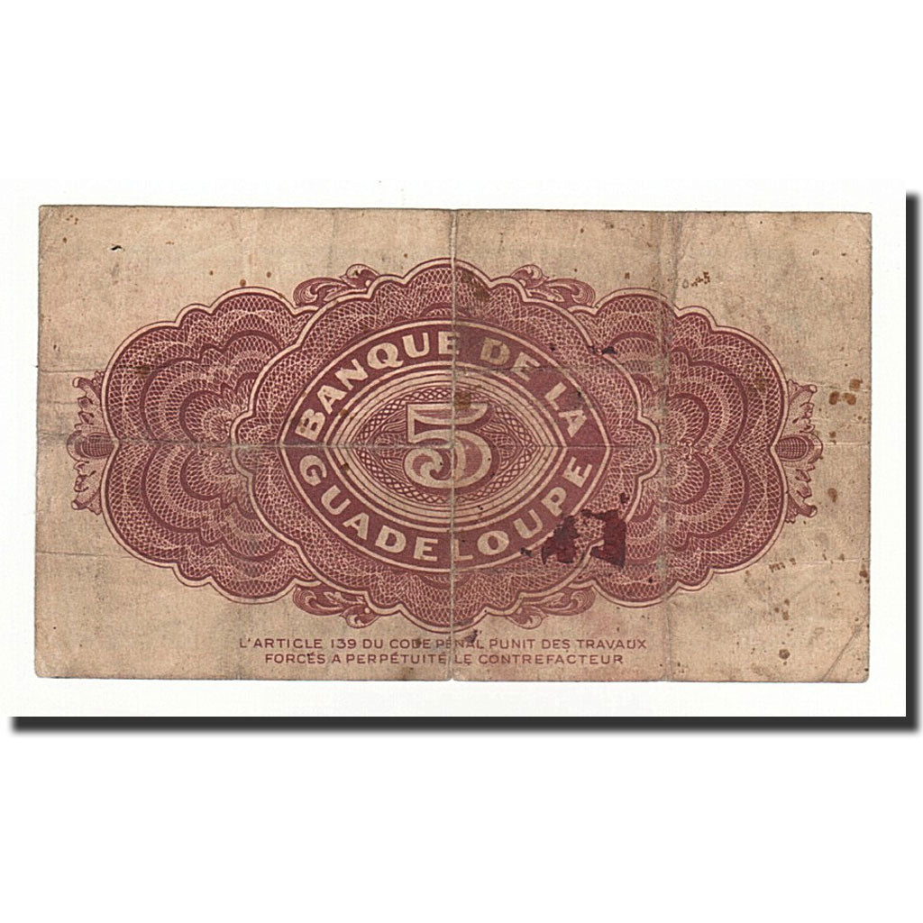 Guadeloupe, 5 Francs, 1942, KM:21b, VF(20-25)