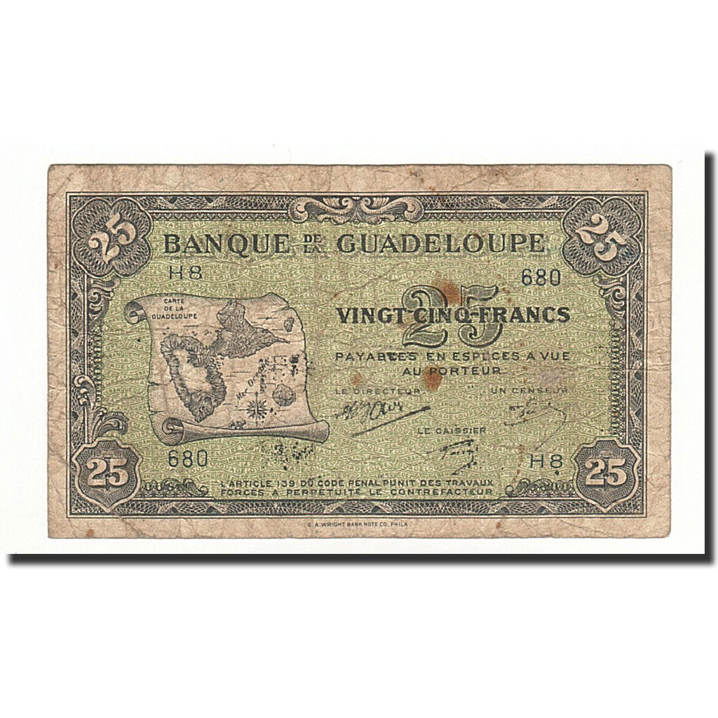 Guadeloupe, 25 Francs, 1942, KM:22b, F(12-15)