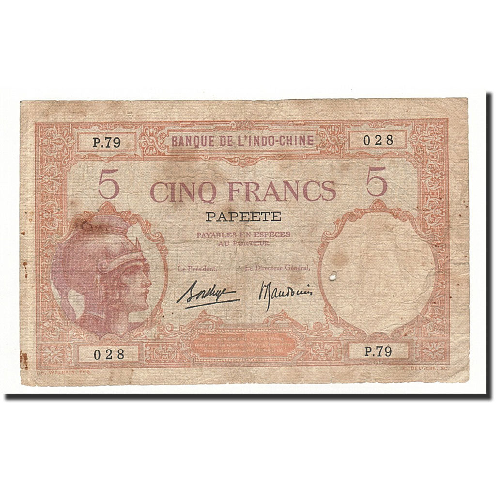 Tahiti, 5 Francs, 1927, KM:11b, VG(8-10)