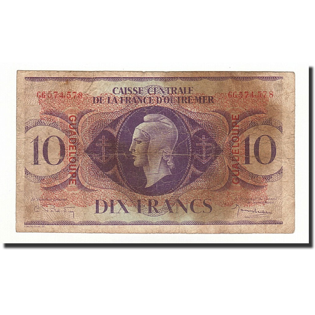 Guadeloupe, 10 Francs, KM:27A, 1944-2-2, VG(8-10)