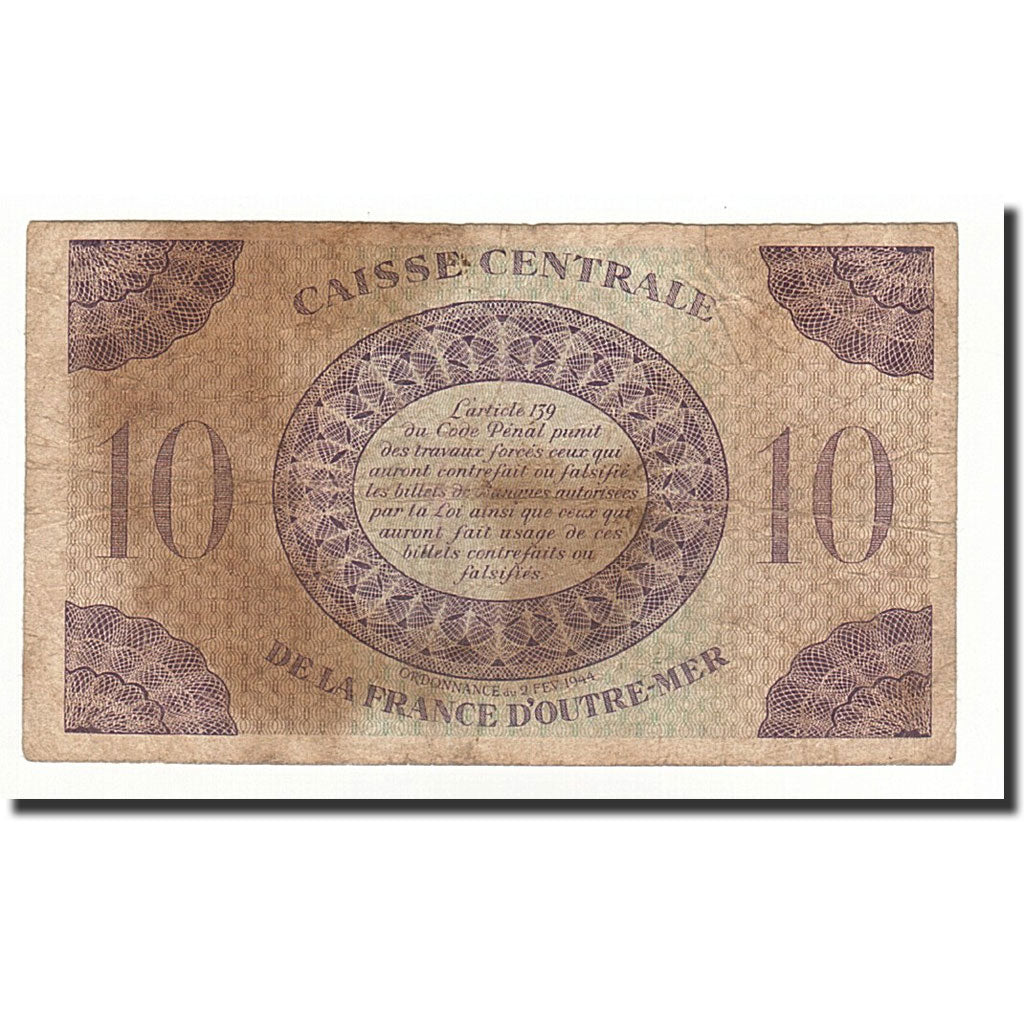 Guadeloupe, 10 Francs, KM:27A, 1944-2-2, VG(8-10)