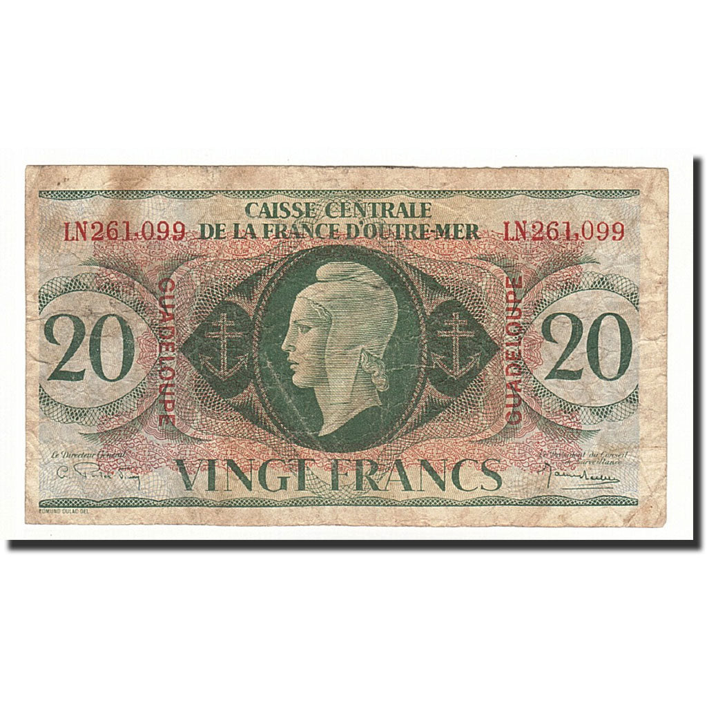 Guadeloupe, 20 Francs, KM:28a, 1944-2-2, VG(8-10)