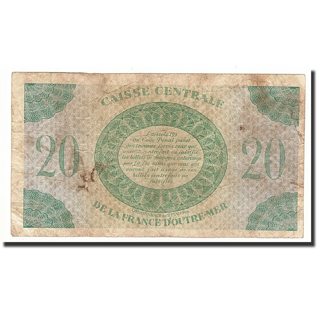 Guadeloupe, 20 Francs, KM:28a, 1944-2-2, VG(8-10)