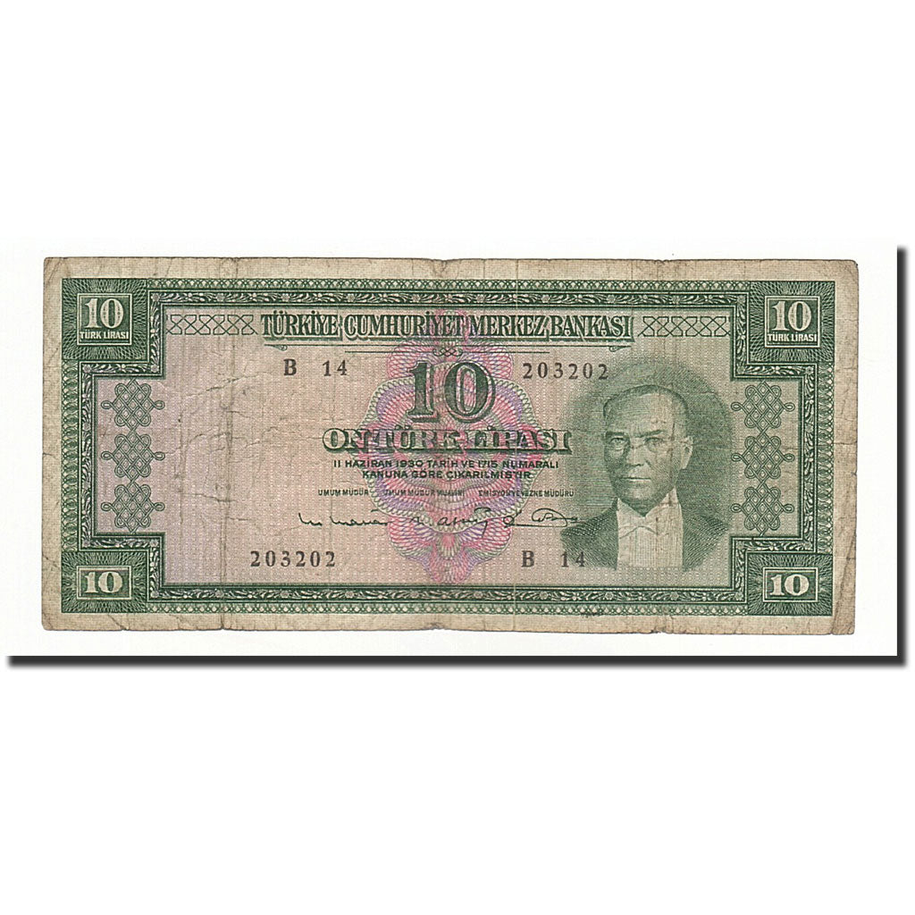 Turkey, 10 Lira, UNDATED 1963-1966, KM:New, VG(8-10)