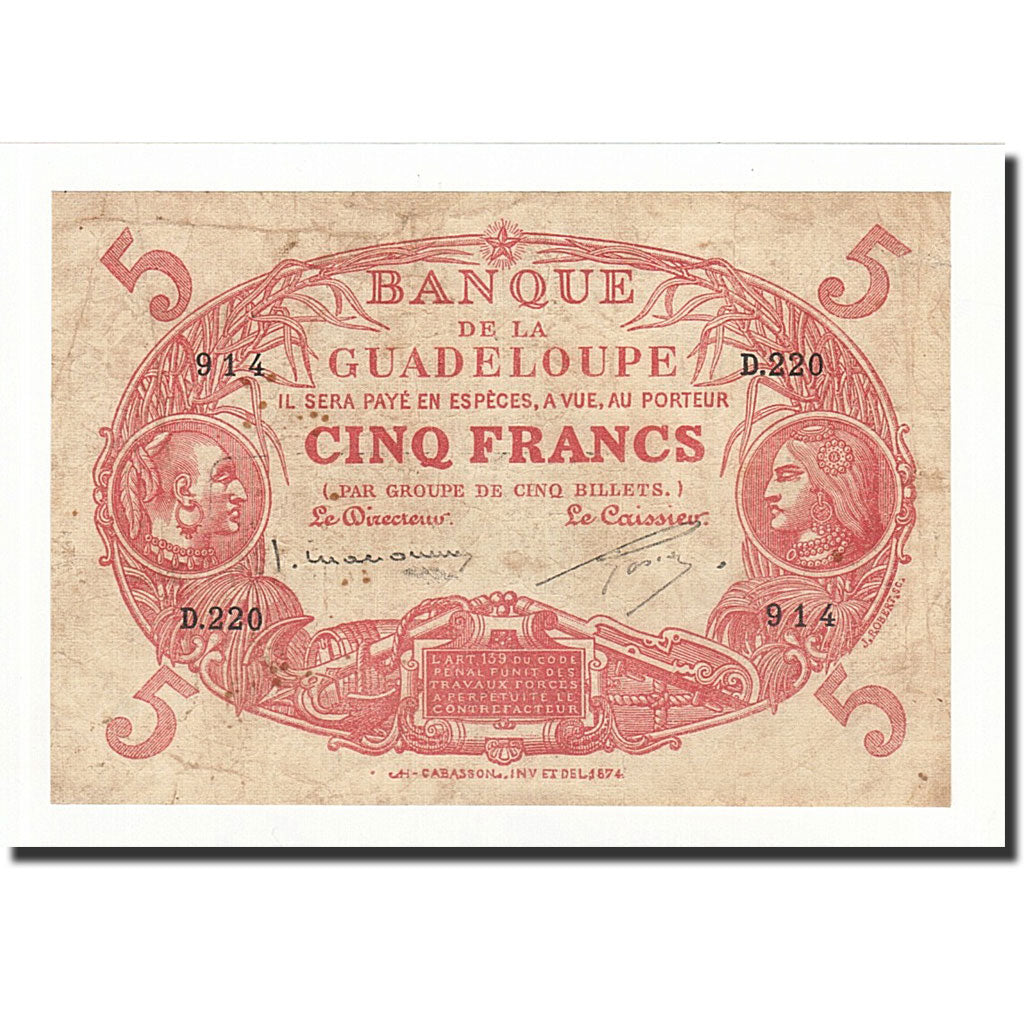 Guadeloupe, 5 Francs, 1934, KM:7c, F(12-15)