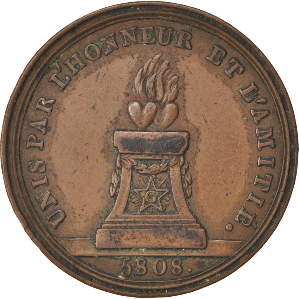 France, Masonic, Token, 1808, AU(50-53), Copper, Labouret #181, 8.72