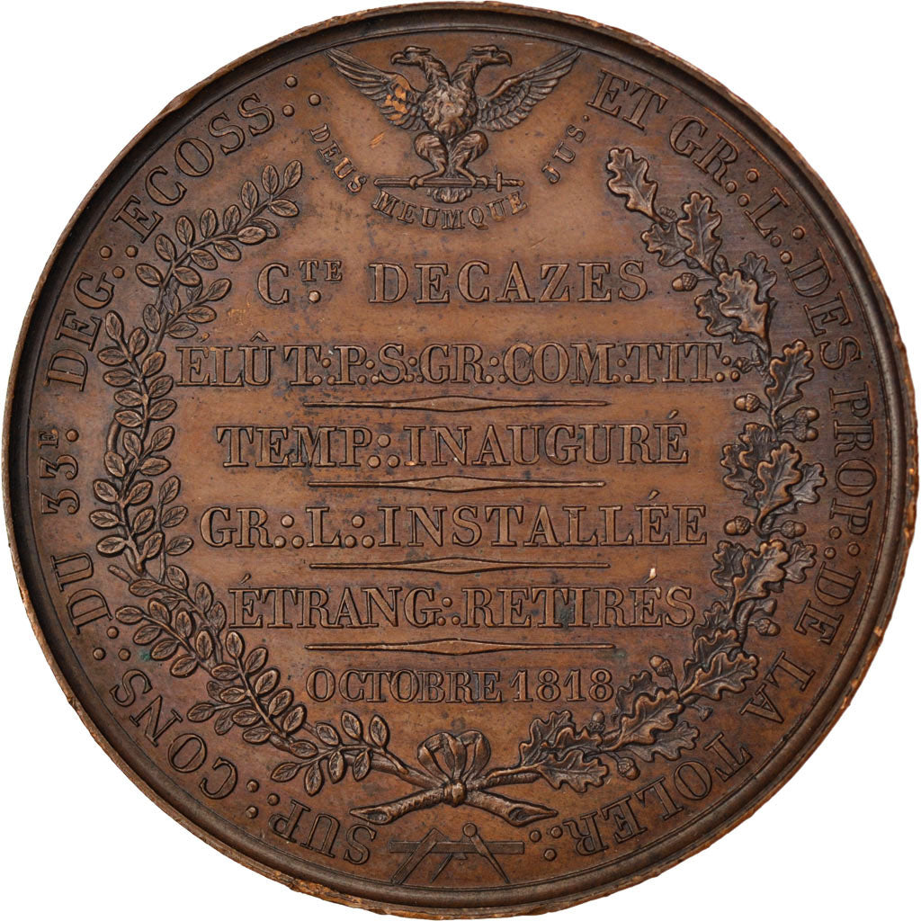 France, Masonic, Medal, 1818, AU(55-58), Barre, Bronze, Labouret #35, 40.04