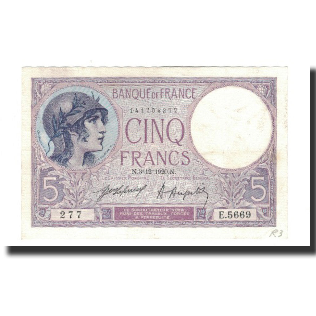 Geldschein, Frankreich, 5 Francs, 1920-12-3, SS+, Fayette:3.4, KM:72b