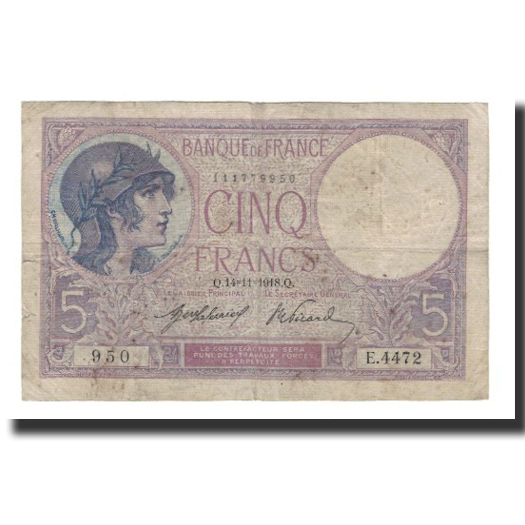 Billete, Francia, 5 Francs, 1918-11-14, BC, Fayette:3.2, KM:72a