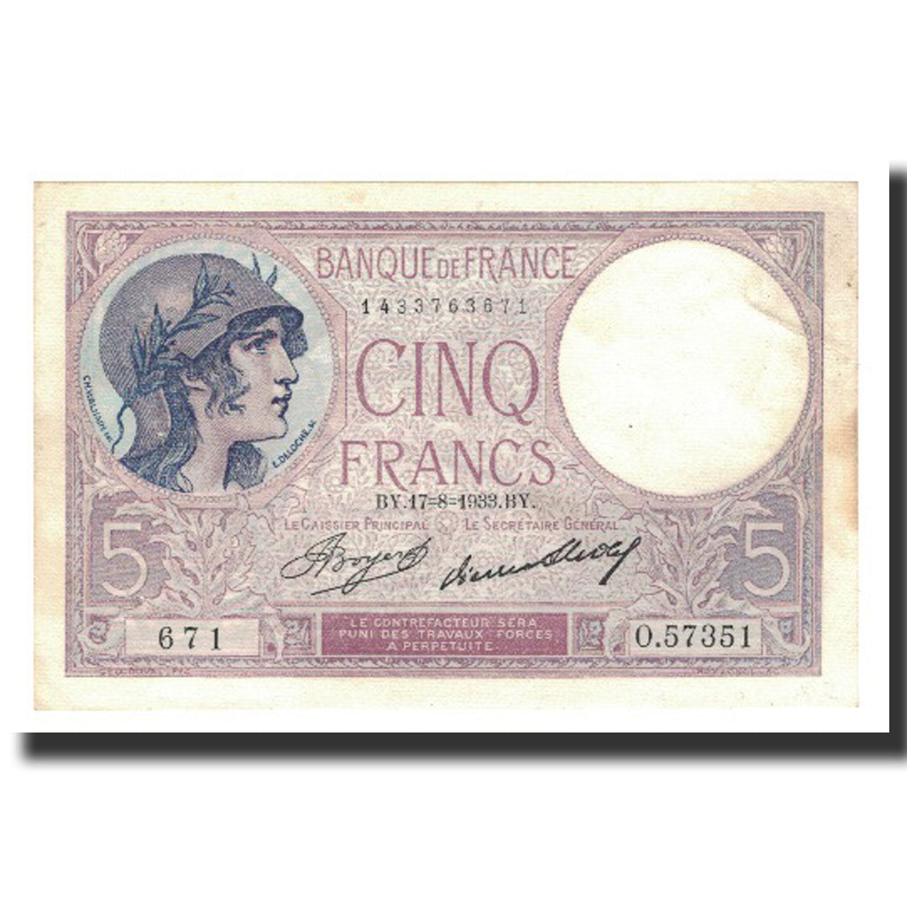 Francia, 5 Francs, 1933-08-17, BB+, Fayette:3.17, KM:72e