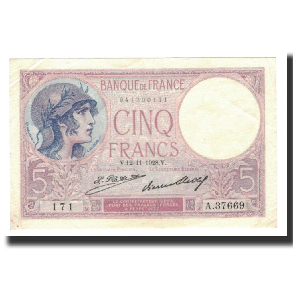Banknote, France, 5 Francs, 1928-11-12, EF(40-45), Fayette:3.12, KM:72d