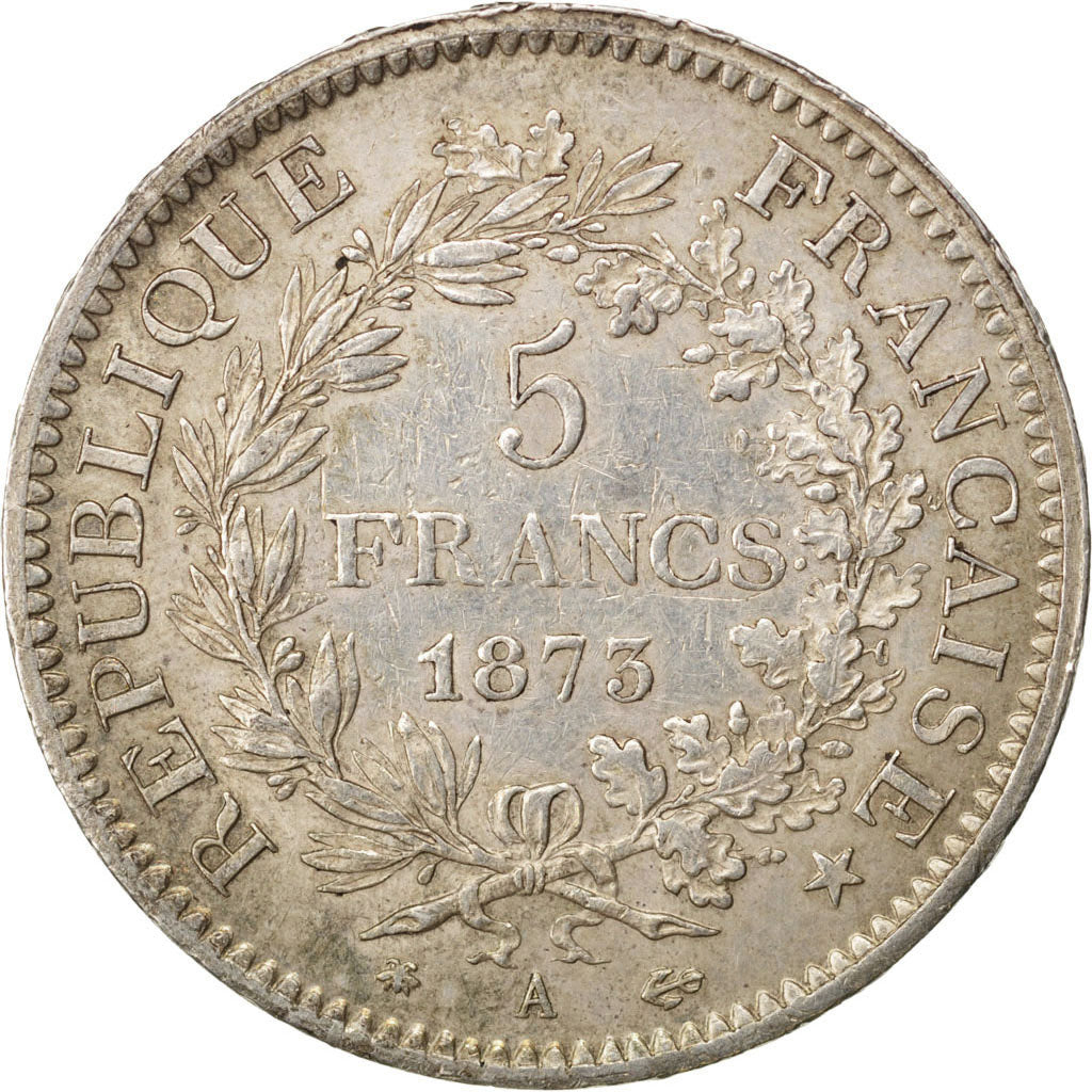 FRANCE, Hercule, 5 Francs, 1873, Paris, KM #820.1, AU(55-58), Silver, Gadoury...