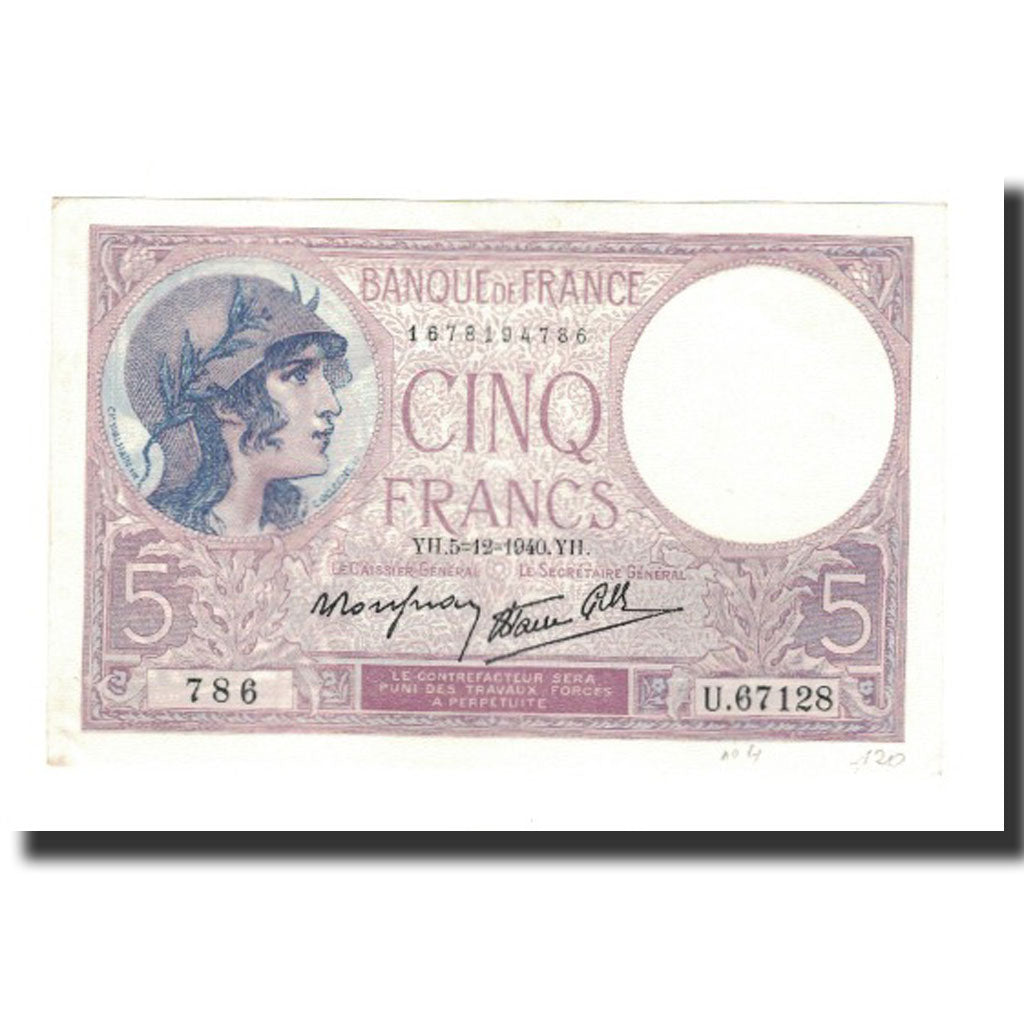 Francia, 5 Francs, 1940-12-05, SPL, Fayette:4.16, KM:83