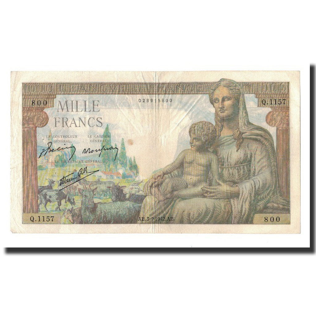 Francia, 1000 Francs, 1942-09-03, MBC+, Fayette:40.6, KM:102