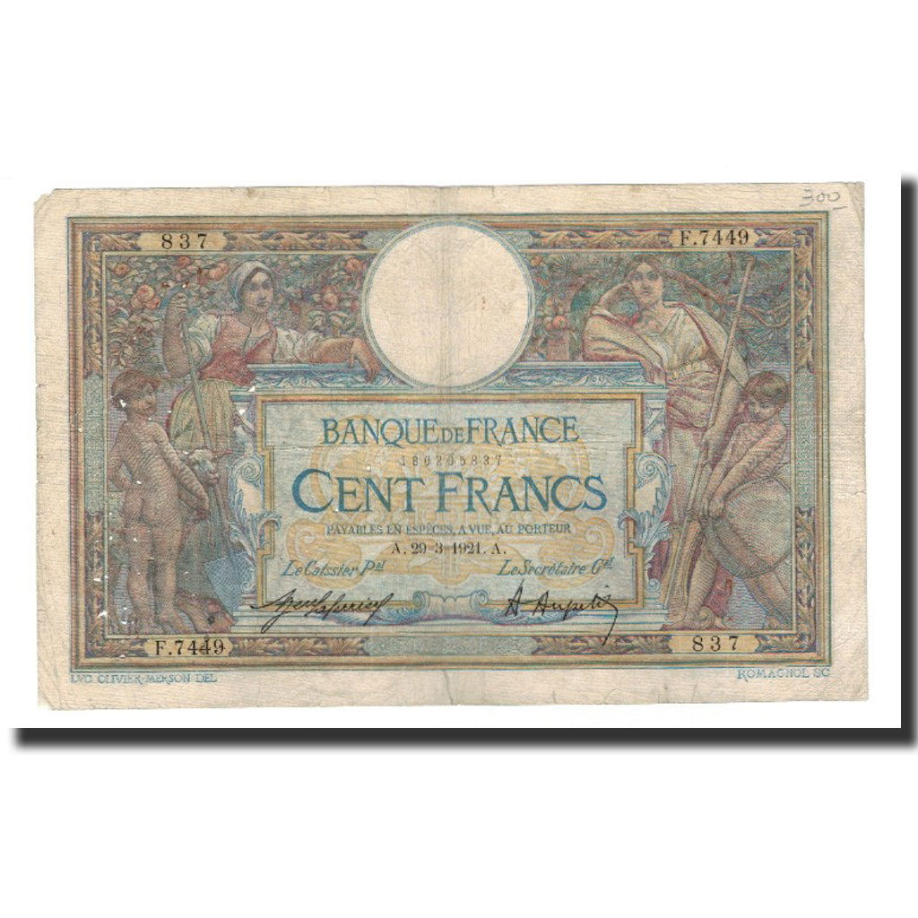 France, 100 Francs, 1921-03-29, VF(20-25), Fayette:23.14, KM:71b