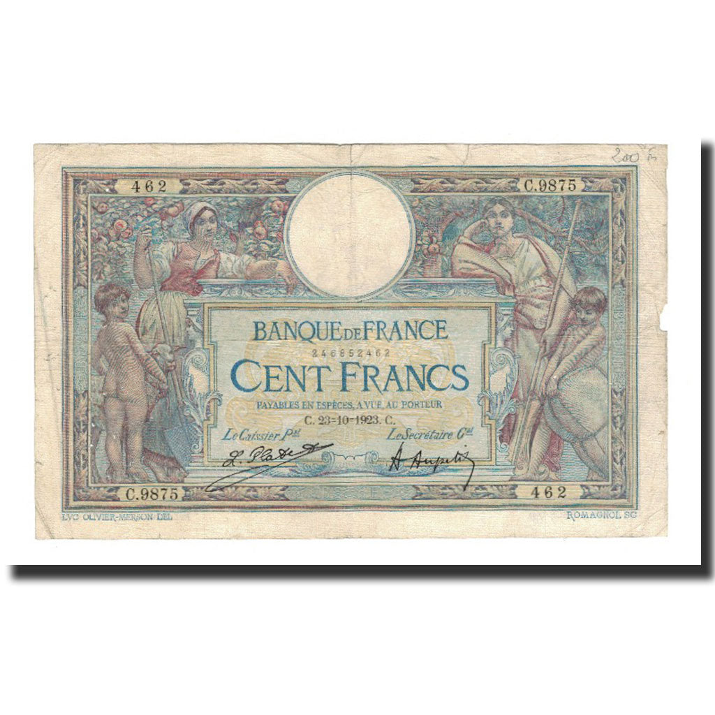 France, 100 Francs, 1923-10-23, VF(20-25), Fayette:23.16, KM:71c