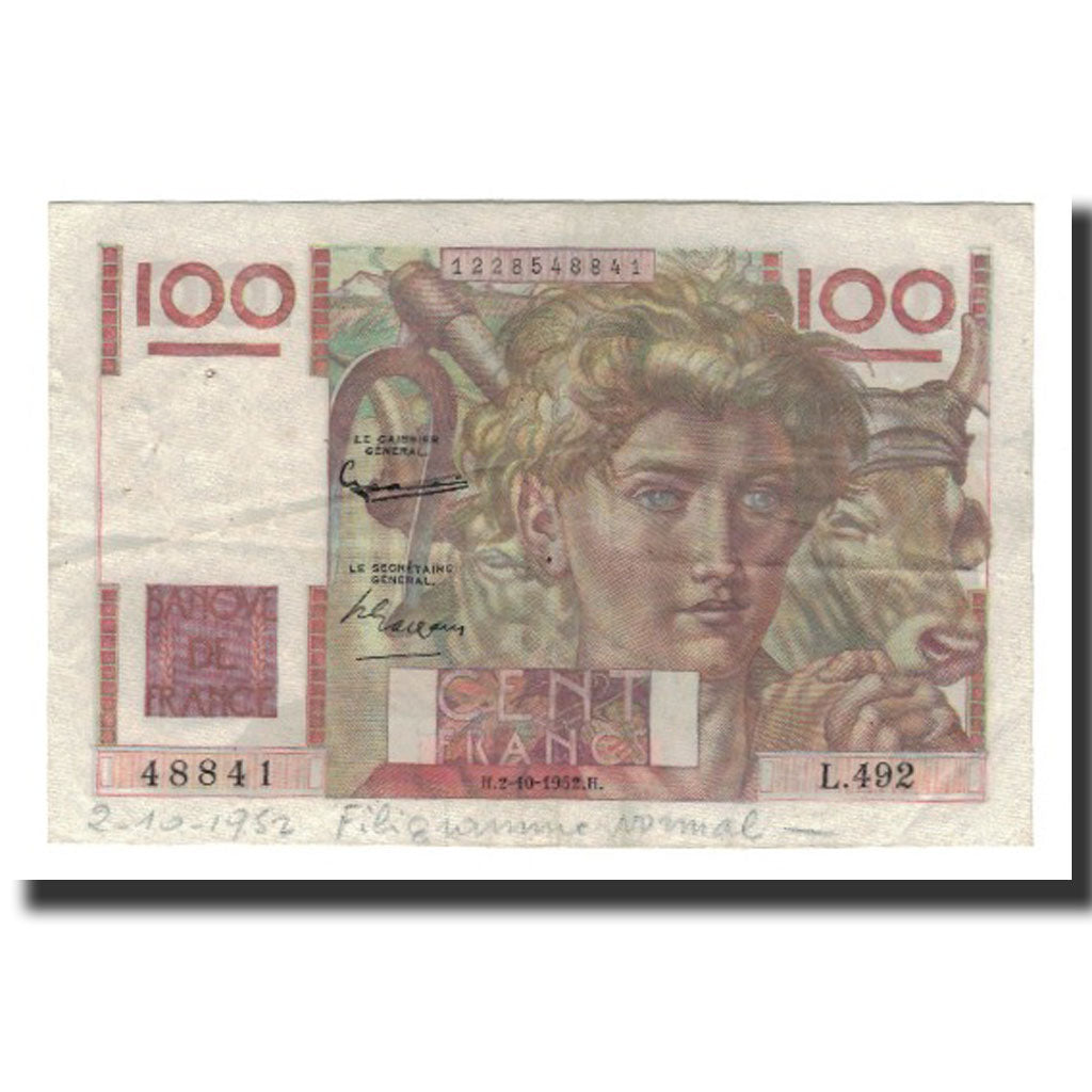 France, 100 Francs, 1952-10-02, EF(40-45), Fayette:28.34, KM:128d