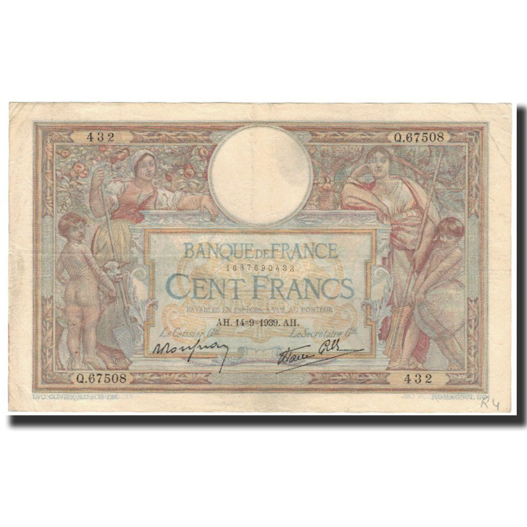 France, 100 Francs, 1939-09-14, EF(40-45), Fayette:25.49, KM:86b