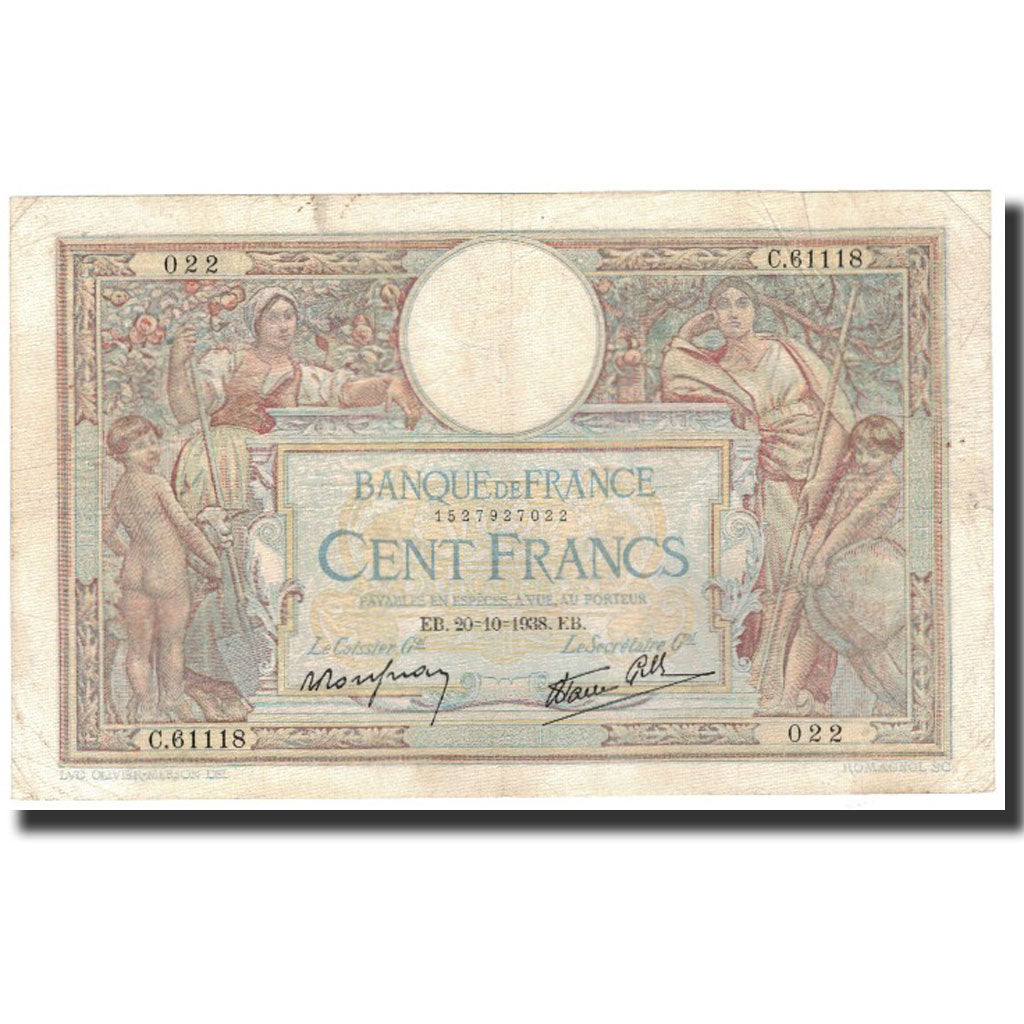 France, 100 Francs, 1938-10-20, VF(30-35), Fayette:25.32, KM:86b