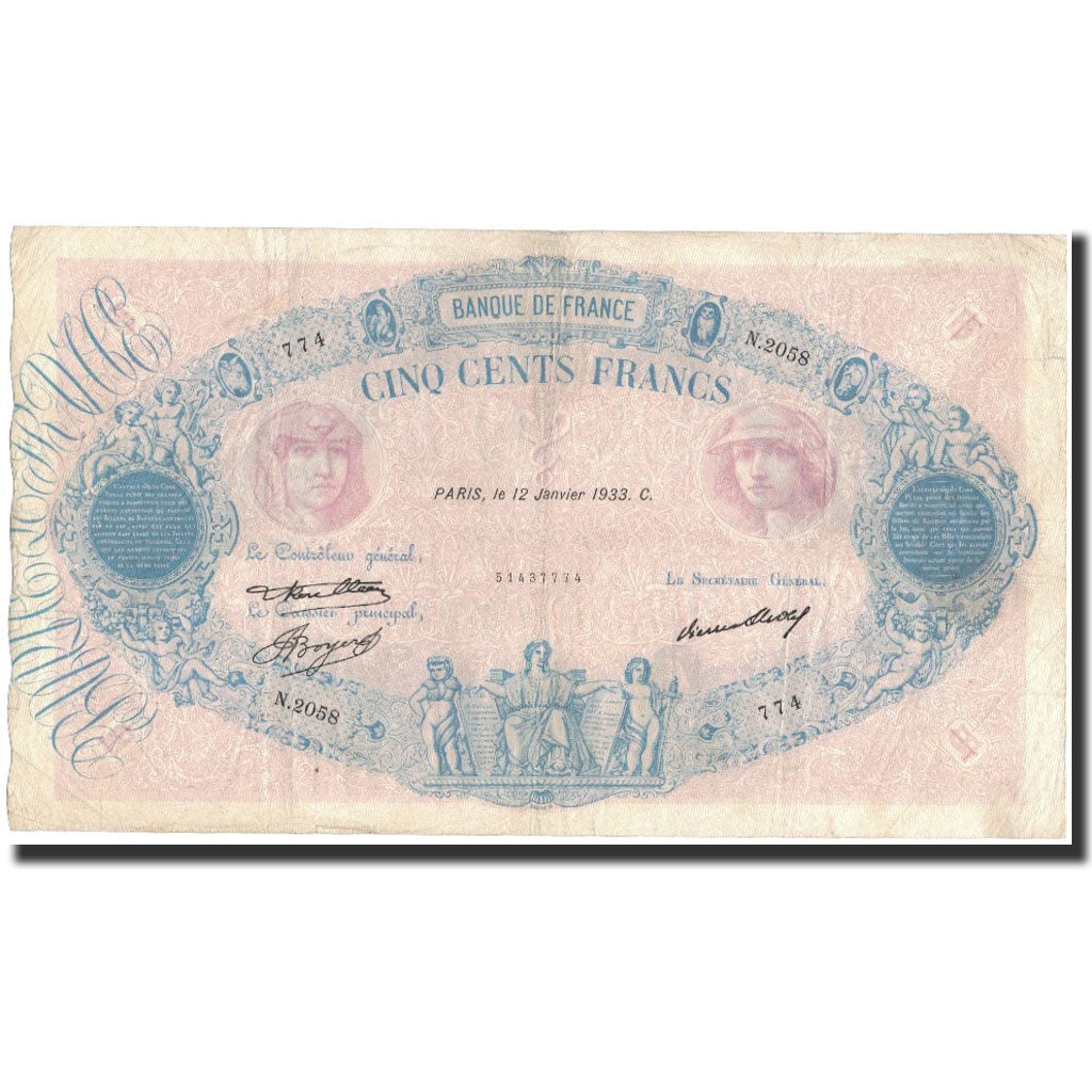 Francia, 500 Francs, 1933-01-12, BC+, Fayette:30.36, KM:66m