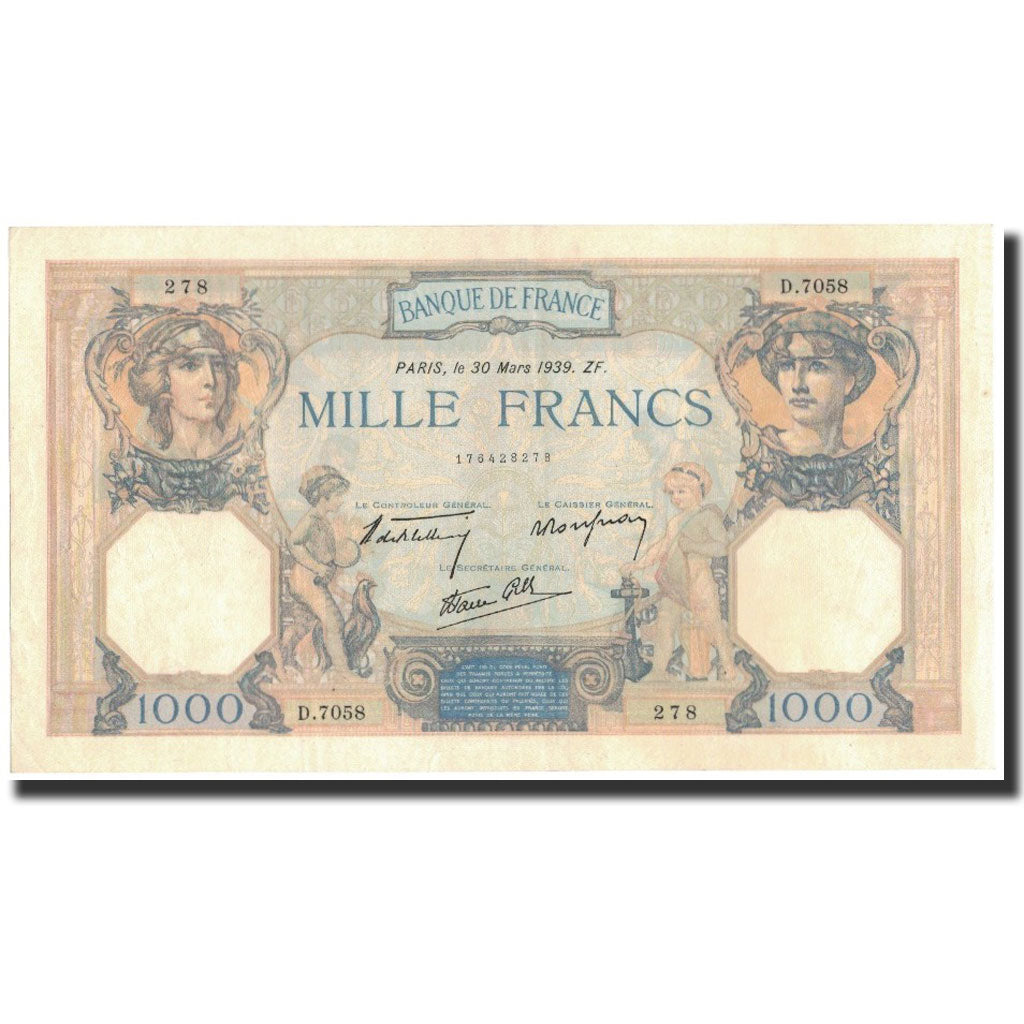 France, 1000 Francs, 1939-03-30, AU(55-58), Fayette:38.35, KM:79b