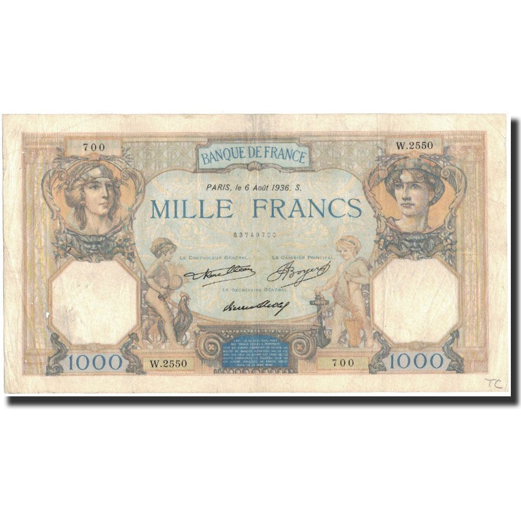 Frankrijk, 1000 Francs, 1936-08-06, TB+, Fayette:37.9, KM:79c