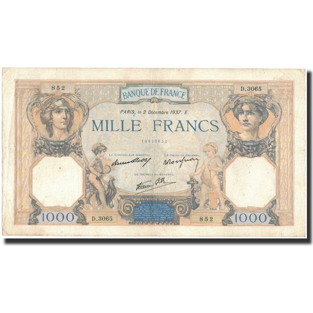 Frankrijk, 1000 Francs, 1937-12-02, TB+, Fayette:38.5, KM:90b