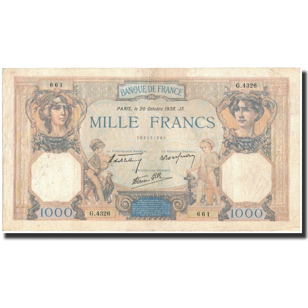 France, 1000 Francs, 1938-10-20, EF(40-45), Fayette:38.30, KM:90c