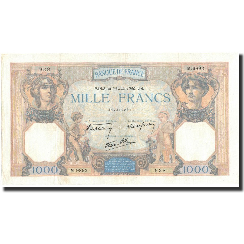 France, 1000 Francs, 1940-06-20, AU(50-53), Fayette:38.49, KM:90c