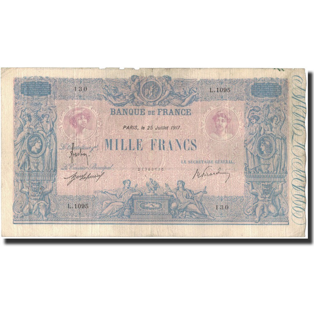 France, 1000 Francs, 1917-07-25, VF(20-25), Fayette:36.31, KM:67g