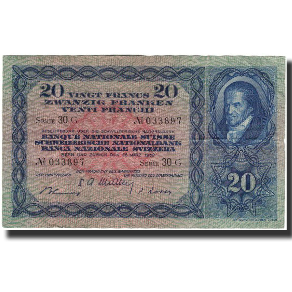 Banknote, Switzerland, 20 Franken, 1952-03-28, KM:39t, AU(50-53)