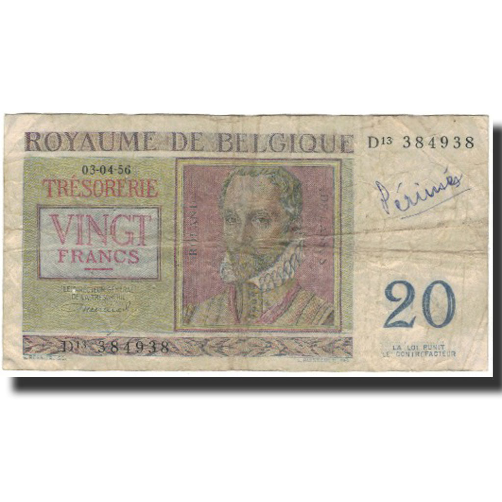 Banknot, Belgia, 20 Francs, 1956-04-03, KM:132b, G(4-6)
