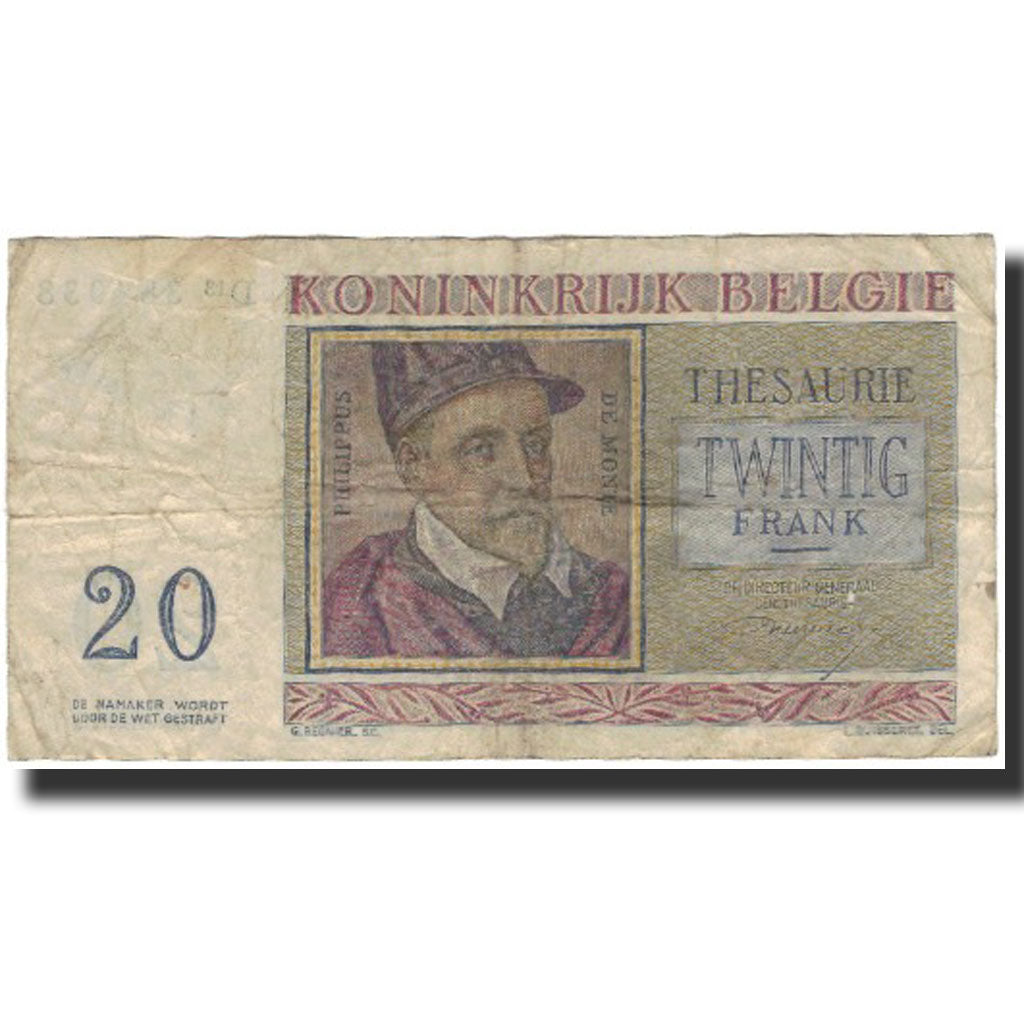Banknot, Belgia, 20 Francs, 1956-04-03, KM:132b, G(4-6)