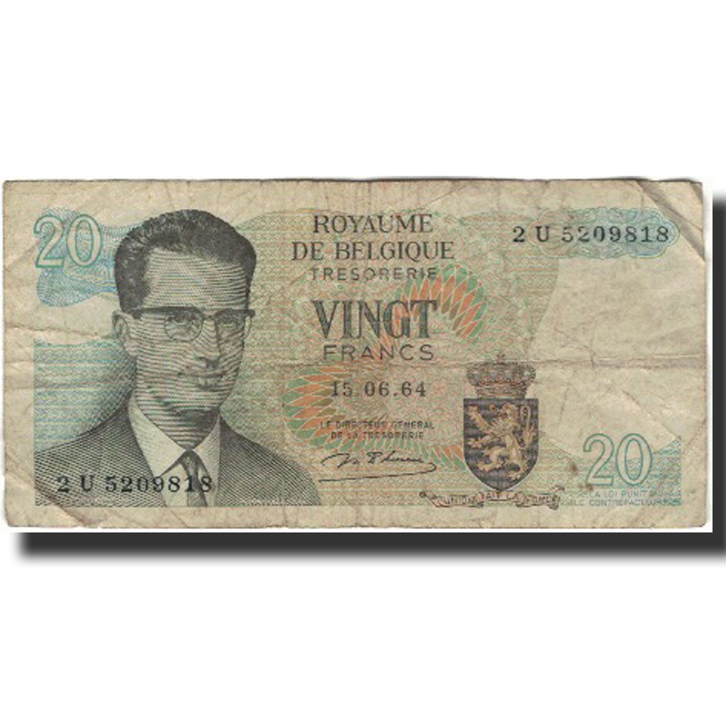 Banknot, Belgia, 20 Francs, 1964-06-15, KM:138, G(4-6)