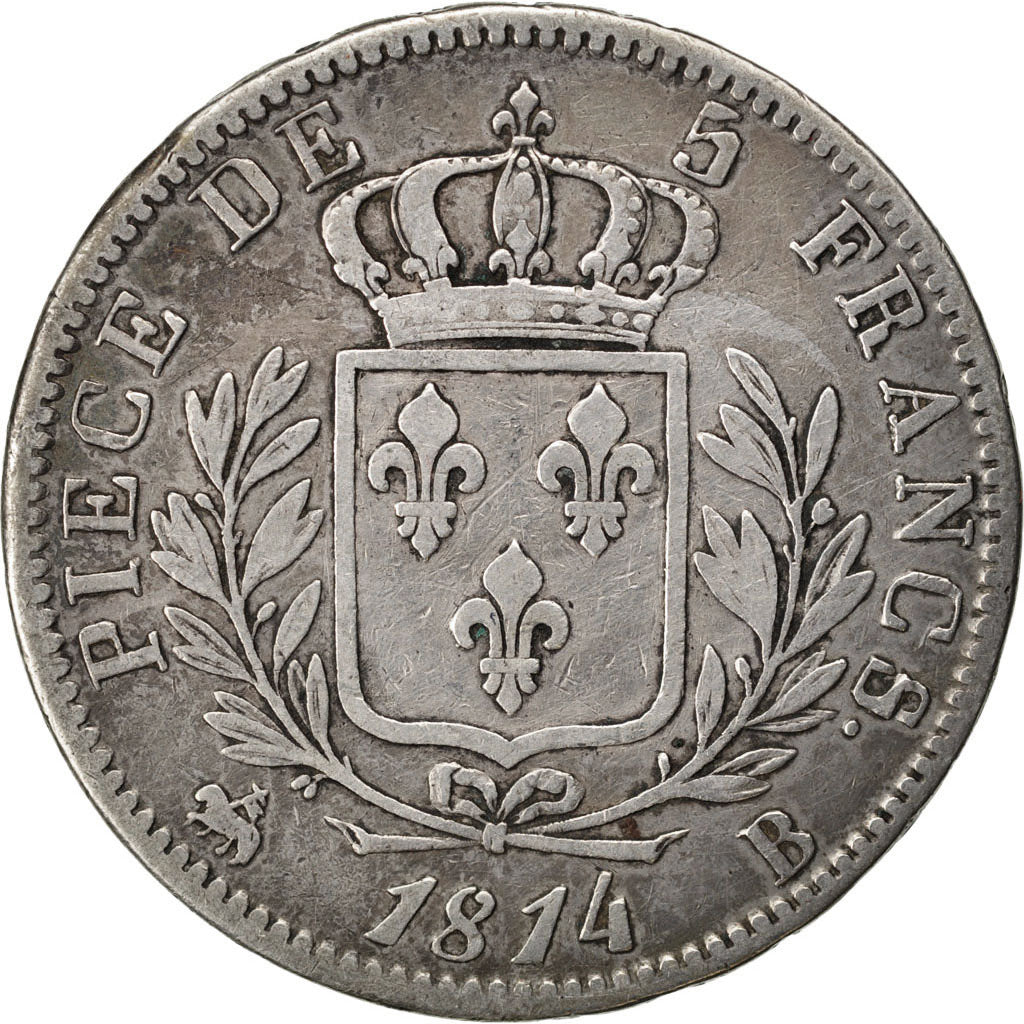 FRANCE, Louis XVIII, 5 Francs, 1814, Rouen, KM #702.2, VF(20-25), Silver,...