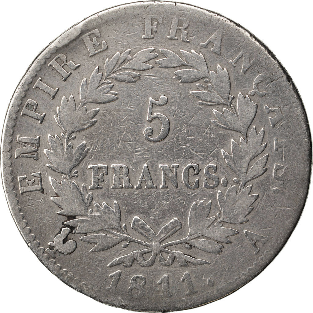 FRANCE, Napoléon I, 5 Francs, 1811, Paris, KM #694.1, F(12-15), Silver, Gadoury 