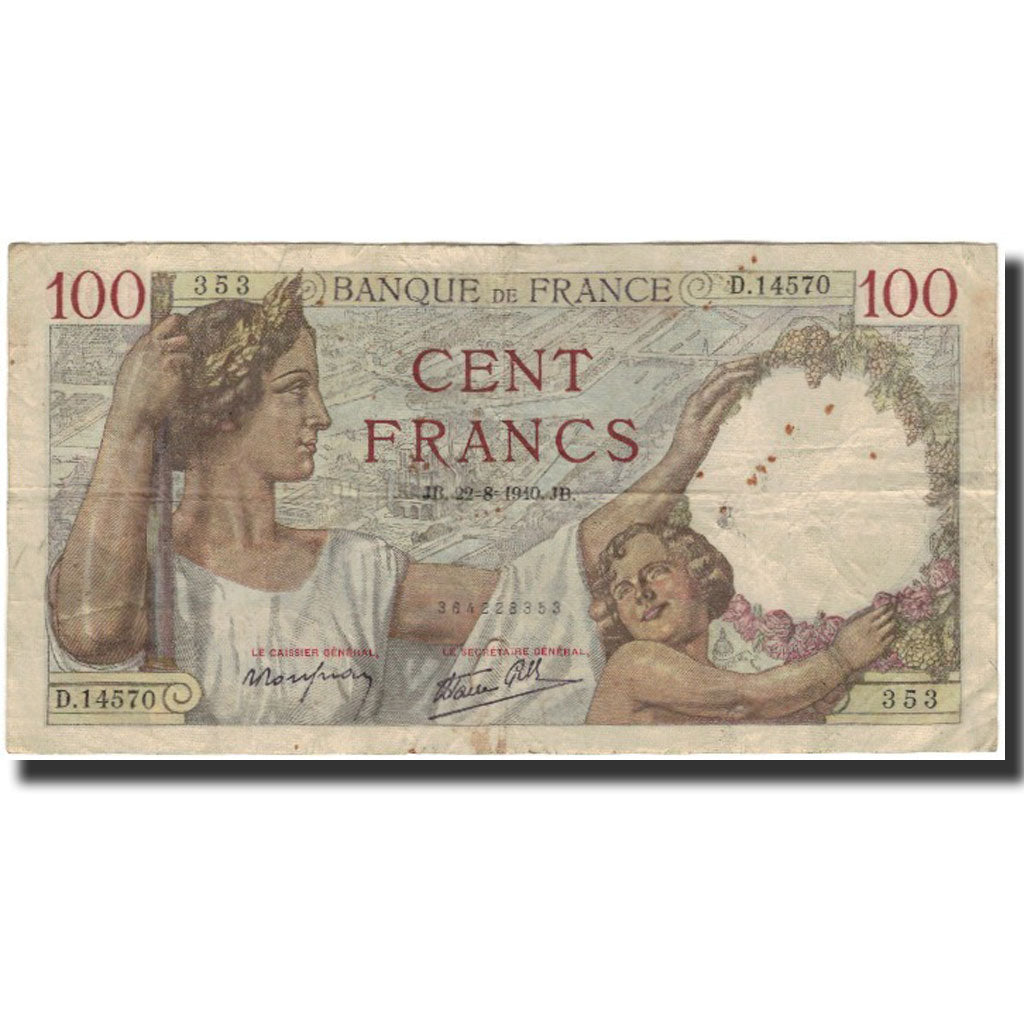 Francia, 100 Francs, 100 F 1939-1942 ''Sully'', 1940-08-22, BC, Fayette:26.37