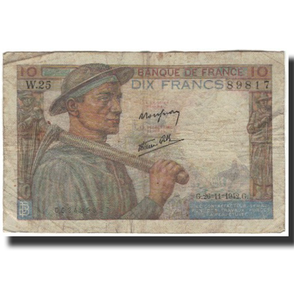 Francia, 10 Francs, 10 F 1941-1949 ''Mineur'', 1942-11-26, B+, Fayette:8.6