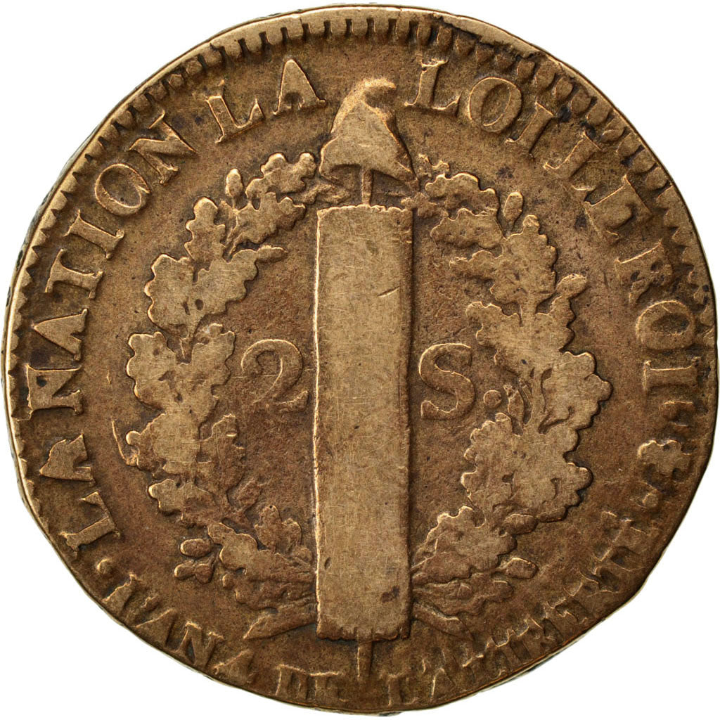 FRANCE, 2 sols françois, 2 Sols, 1792, Paris, KM #603.1, F(12-15), Bronze, G...