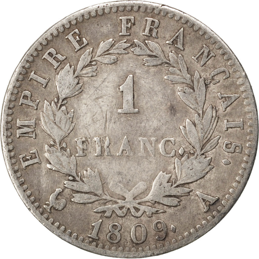 FRANCE, Napoléon I, Franc, 1809, Paris, KM #692.1, EF(40-45), Silver, Gadoury #.