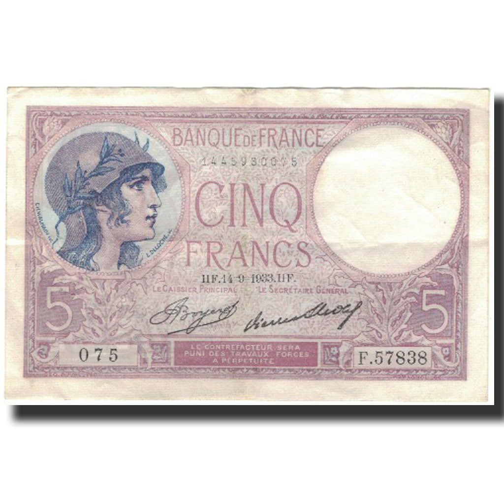 Francia, 5 Francs, 5 F 1917-1940 ''Violet'', 1933-09-14, BB, Fayette:3.17