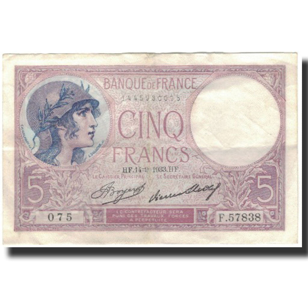 Francia, 5 Francs, 5 F 1917-1940 ''Violet'', 1933-09-14, BB, Fayette:3.17