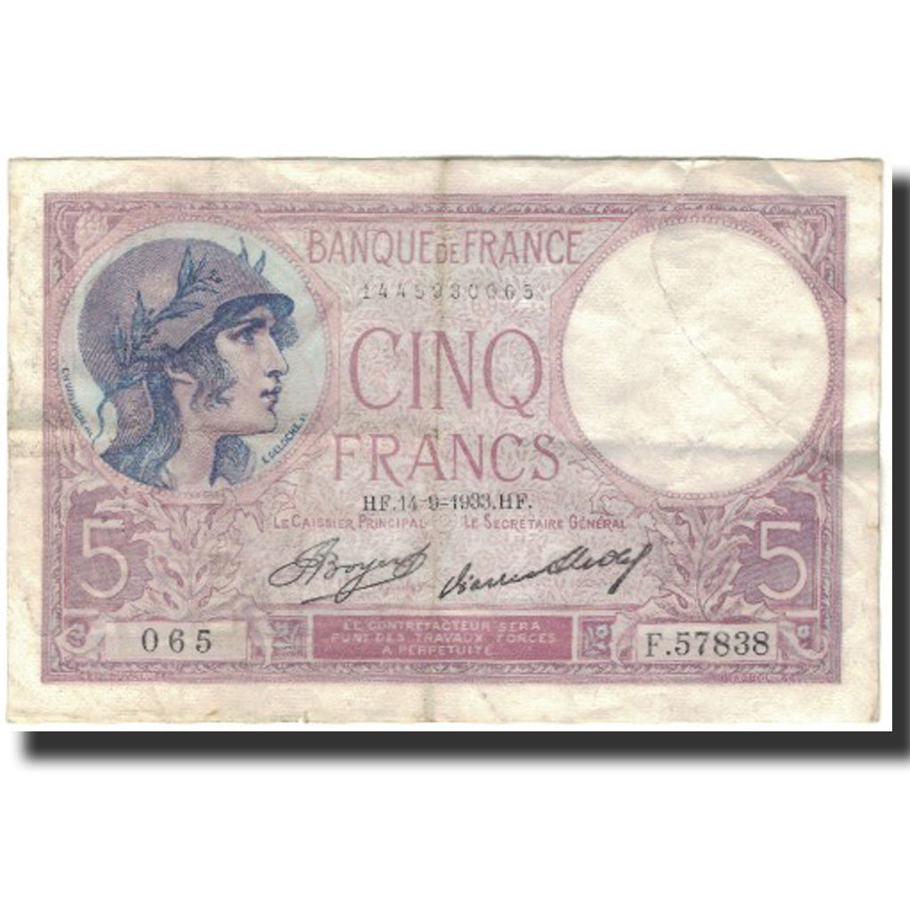 Francia, 5 Francs, 5 F 1917-1940 ''Violet'', 1933-09-14, B+, Fayette:3.17