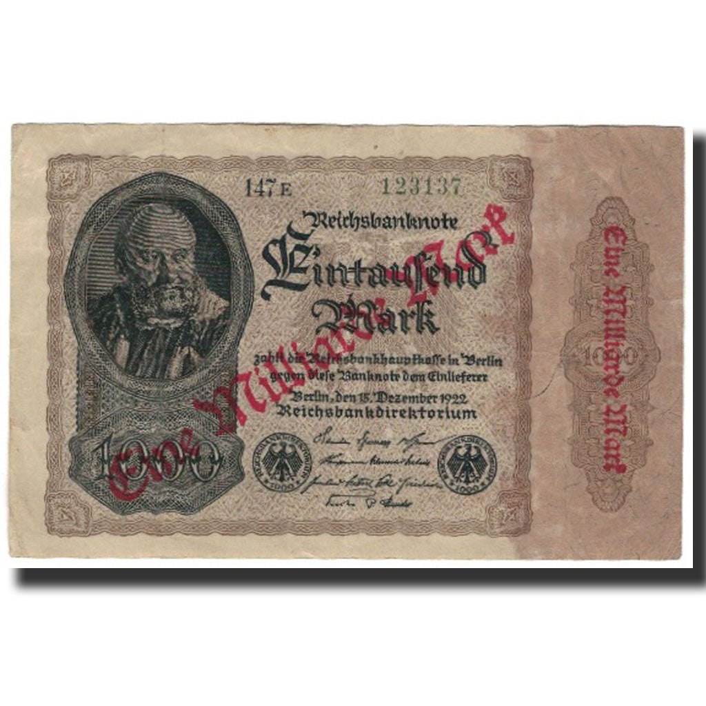 Banknote, Germany, 1 Milliarde Mark on 1000 Mark, 1923, KM:113a, AU(50-53)