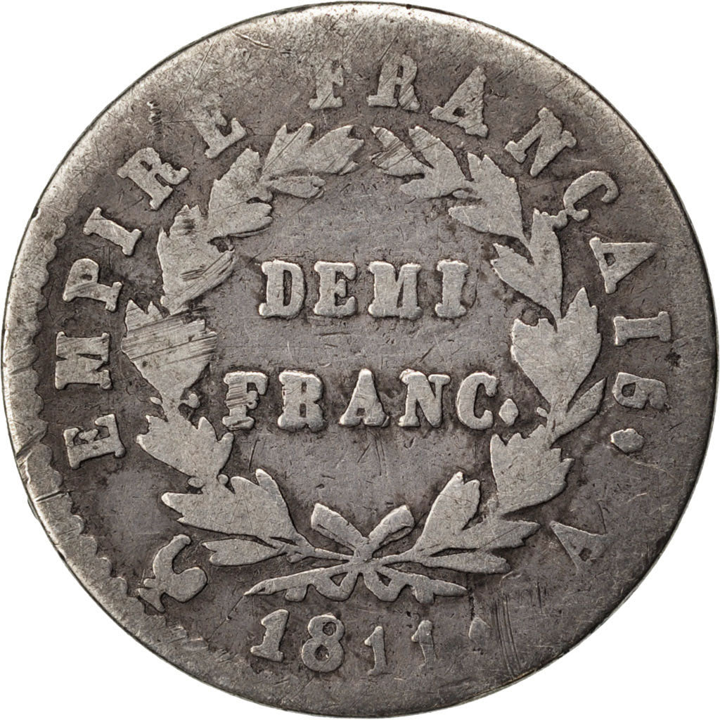 FRANCE, Napoléon I, 1/2 Franc, 1811, Paris, KM #691.1, VF(20-25), Silver, Gadour