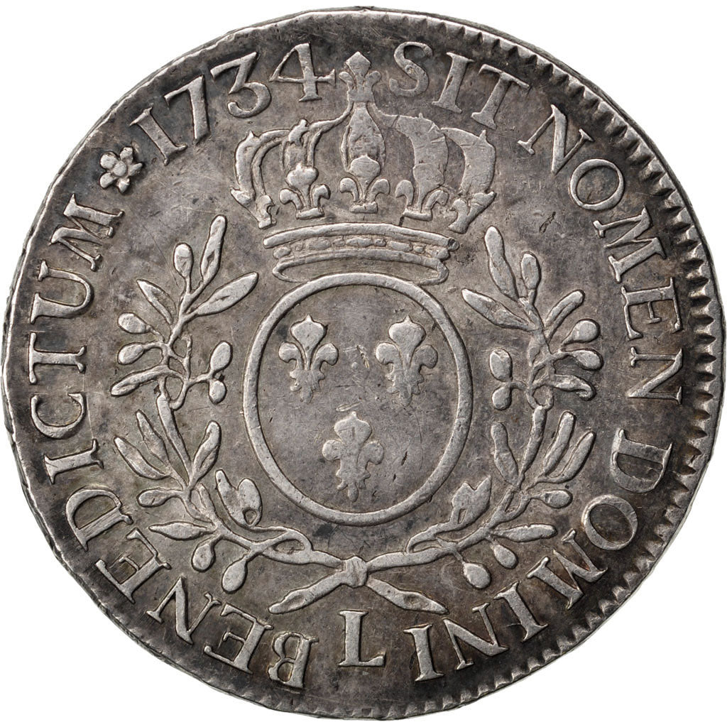 FRANCE, Écu aux branches d'olivier, ECU, 1734, Bayonne, KM #486.12, VF(30-35), .