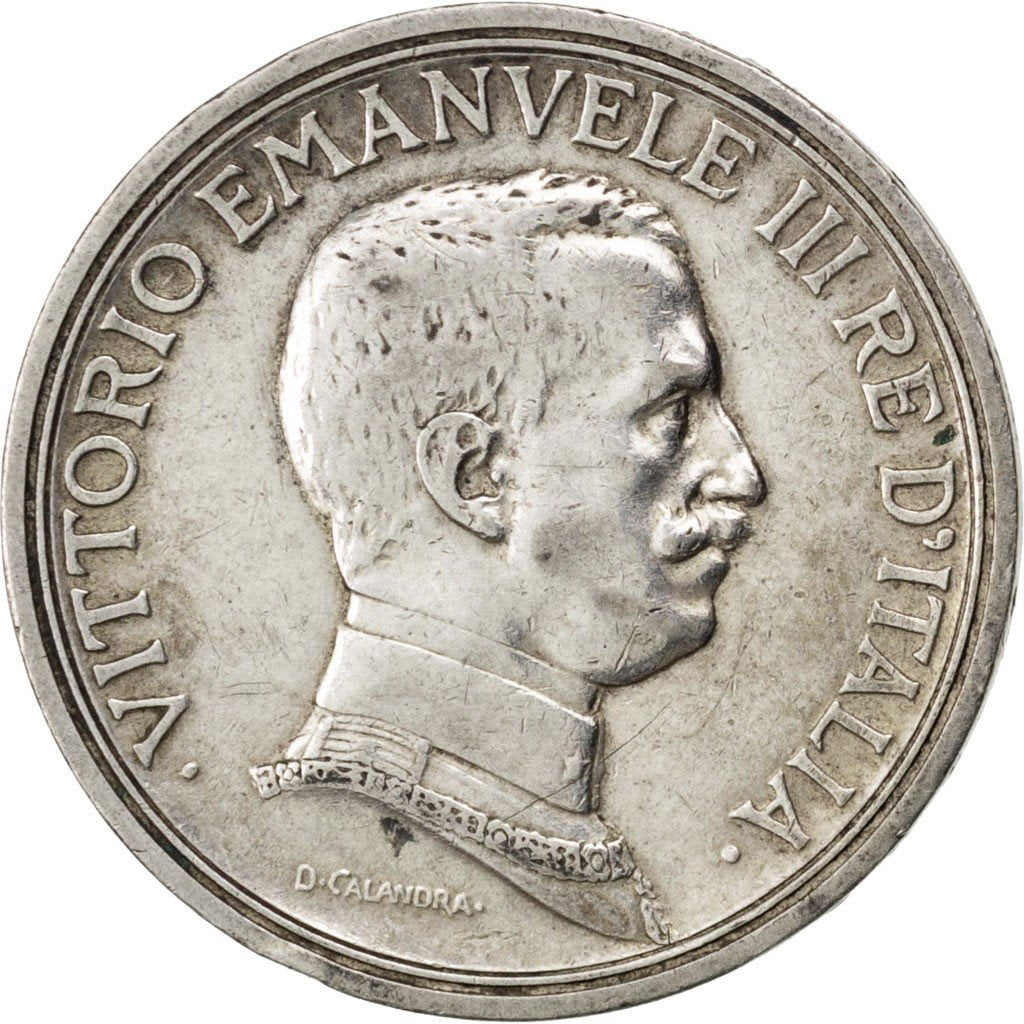 ITALY, 2 Lire, 1914, Rome, KM #55, EF(40-45), Silver, 27, 9.93