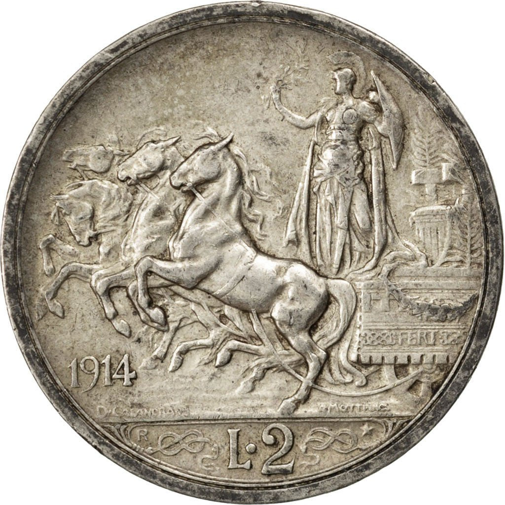 ITALY, 2 Lire, 1914, Rome, KM #55, EF(40-45), Silver, 27, 9.93